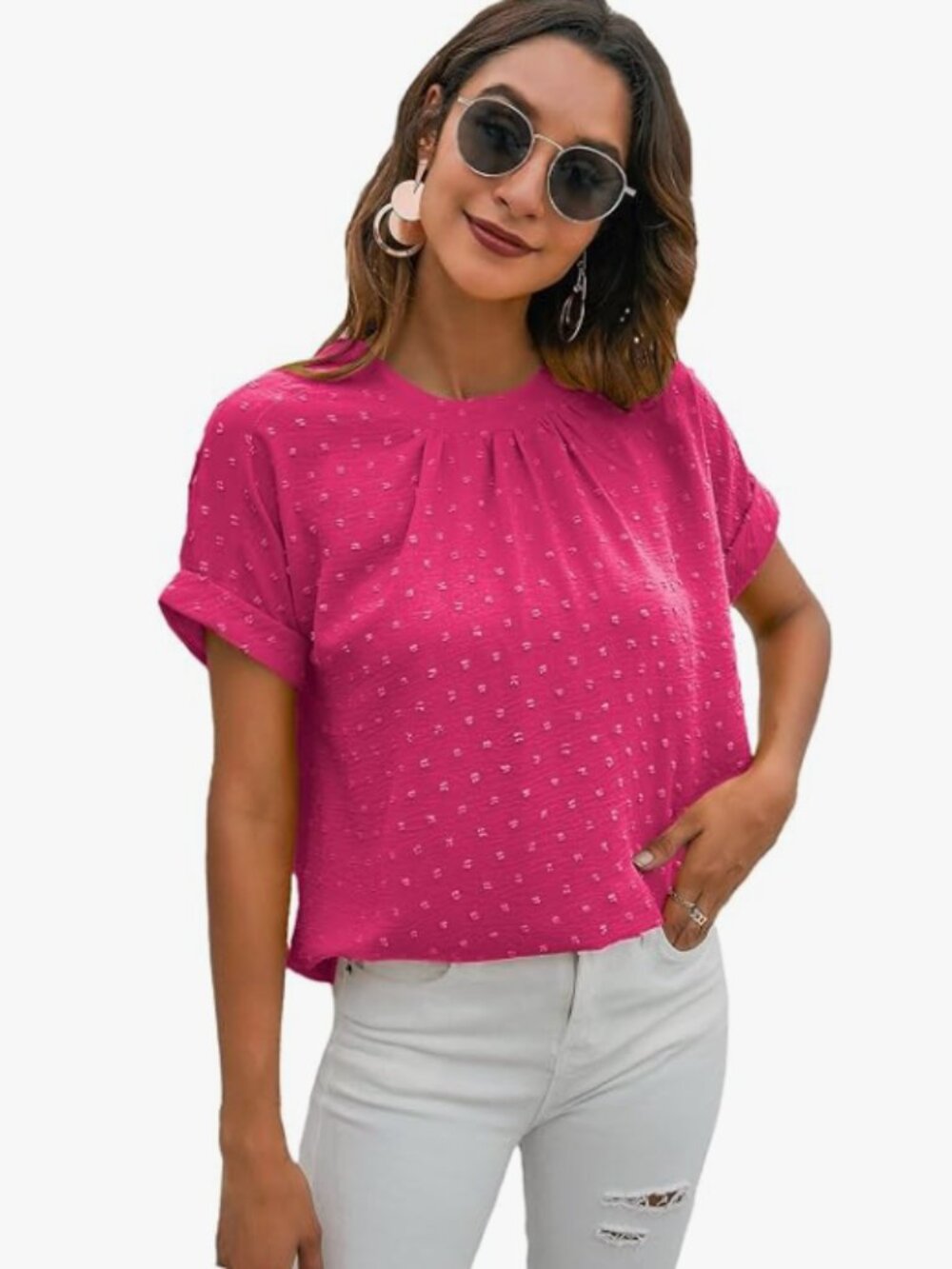 🌸 Milumia Hot Pink Clip-Dot Textured Blouse | Size M Keyhole Blouse